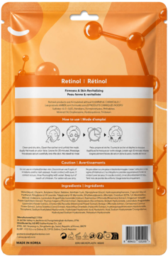 Tył pomarańczowego opakowania RE:Heal Retinol Face Mask w płachcie. Widoczne napisy Retinol, skład i instrukcje użycia.