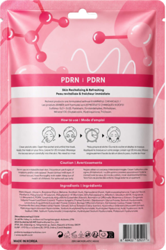 Tył różowego opakowania maseczki RE:Heal PDRN Face Mask ze składem i sposobem użycia, widoczne piktogramy.