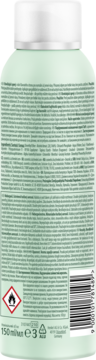 Tył jasnozielonej butelki perfumowanego sprayu do włosów o zapachu cytryny, z tekstem, kodem i znakiem łatwopalności.