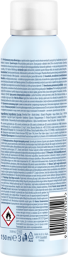Tył jasnoniebieskiej butelki perfumowanego sprayu do włosów 150ml, biały korek, etykieta z tekstem, kodem i symbolem.
