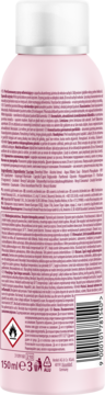 Tył różowego sprayu odświeżającego do włosów z jaśminem, 150ml, biała nakrętka i etykieta z tekstem.