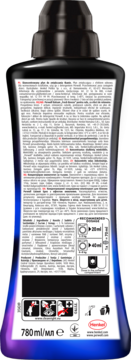 Tył czarnej butelki Perwoll Renew 7 płynu do płukania tkanin z etykietą, instrukcjami i logo Henkel. 780 ml.