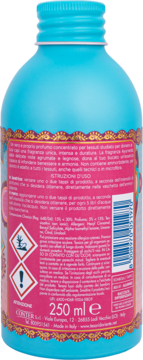 Tył niebieskiej butelki Tesori d'Oriente Ayurveda perfum do tkanin z różową etykietą, instrukcjami i symbolami ostrzegawczymi.