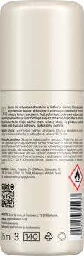 Tył beżowego sprayu do retuszu odrostów w kolorze ciemny blond, widoczne instrukcje, kod QR i symbole.