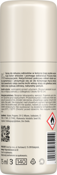 Tył beżowego sprayu do retuszu odrostów brąz. Etykieta z polskimi informacjami o składzie i użyciu.