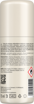 Tył beżowej puszki sprayu do retuszu odrostów, ciemny brąz, z tekstem, QR kodem i symbolem łatwopalności.