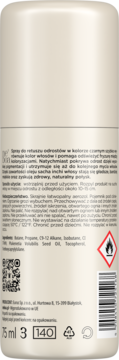 Tył beżowego sprayu do retuszu odrostów w kolorze czarnym 75ml, z polskim tekstem i symbolami ostrzegawczymi.