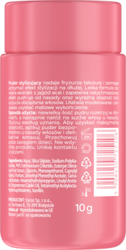 Tył różowego opakowania pudru stylizującego z ekstraktem z jagód acai, 10g. Widoczny biały tekst, instrukcje i symbole.
