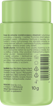 Tył jasnozielonego pudru do włosów Eurus 10g, z instrukcjami użycia, listą składników i kodem kreskowym.