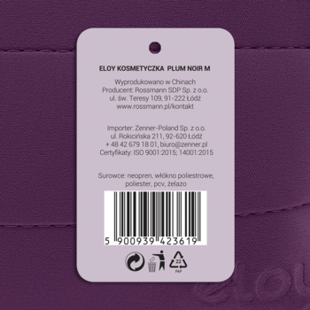 Fioletowa etykieta produktu Kosmetyczka Plum Noir M, z polskim opisem, kodem kreskowym i symbolami recyklingu.