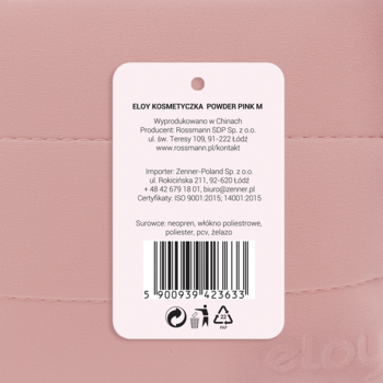 Zbliżenie na różową etykietę kosmetyczki Powder Pink M, widoczny kod kreskowy i informacje o produkcie.