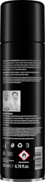 Tył czarnej, metalowej puszki sprayu Fresh Body Care z tekstem, zdjęciem mężczyzn i symbolami.