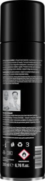Tył czarnego suchego szamponu w aerozolu, widoczne napisy, instrukcje, symbole łatwopalności i zdjęcia, 200ml.