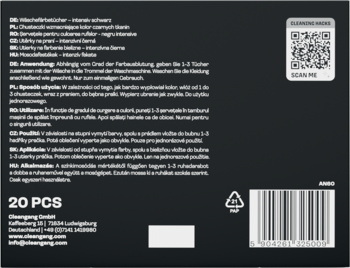 Tył czarnego opakowania OH MY WASH! z instrukcjami do chusteczek przywracających czerń, kodem QR, 20 szt.