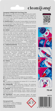 Tył opakowania clean gang FlamingoJuce żelowy stempel do WC 75ml, z instrukcjami użycia i kodem QR.
