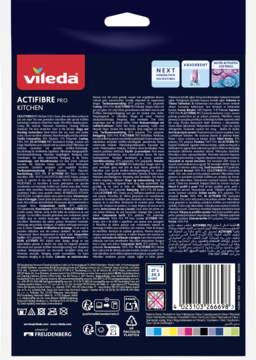 Tył opakowania Vileda Actifibre Pro Kitchen, instrukcje, kod kreskowy, PVA, skuteczny bez detergentów.