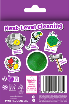 Tył fioletowego opakowania zmywaka LINIA PUNCH. Ikony: Next-Level Cleaning, zielony zmywak do trudnych zabrudzeń.