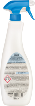 Tył białej butelki sprayu Chanteclair, uniwersalny odtłuszczacz 750ml, z niebieskim aplikatorem i etykietą.