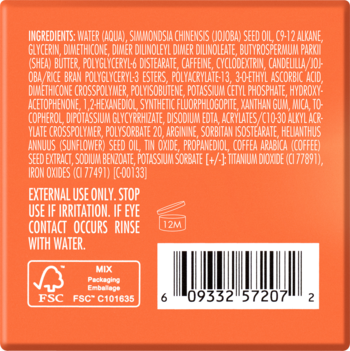 Tył pomarańczowego opakowania kremu z kofeiną i witaminą C, z listą składników, ostrzeżeniami i kodem kreskowym.