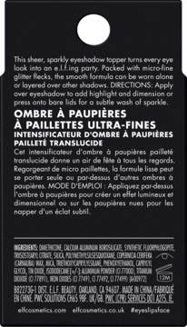 Tył czarnego opakowania e.l.f. topper do powiek z opisem produktu w j. angielskim i francuskim oraz listą składników.