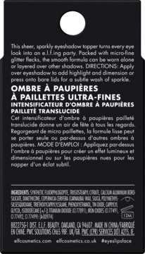 Tył czarnego opakowania e.l.f. Fine as Fleck błyszczącego toppera do powiek z białym tekstem i składnikami.