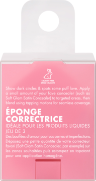 Tył różowego opakowania zestawu 3 gąbek korygujących do makijażu, z opisem użycia korektora.