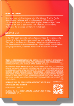 Tył pomarańczowo-czerwonego opakowania e.l.f. Skin Brightest Besties Duo, z opisem działania, użycia i składem.