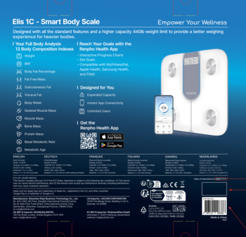 Inteligentna waga analityczna RENPHO Elis 1C: biała, z telefonem z aplikacją i listą 13 pomiarów na niebieskim tle.
