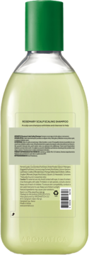 Tył butelki Aromatica Rosemary Scalp Scaling Shampoo, zielona zakrętka, widoczne etykiety ze składem i kodem.