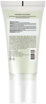 Tył tubki peelingu solnego do skóry głowy Rosemary, z widocznym składem, instrukcją i kodem kreskowym.