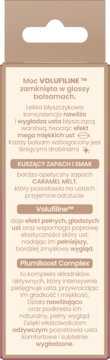 Tył opakowania balsamu Bielenda Plumping PDRN Glossy, szczegóły o Volufiline i zapachu Caramel Melt.