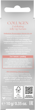 Tył srebrnego opakowania serum do ust Collagen Exfoliating Jelly Lip Serum z polskim i angielskim opisem, logo FSC i PETA.