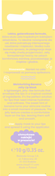 Tył żółtego opakowania maseczki do ust "Moisturizing Banana Jelly Lip Mask" 10g, z opisem i grafiką banana.