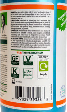 Tył butelki płynu do płukania jamy ustnej Breath Co z białymi etykietami, certyfikatami wegańskimi i bezglutenowymi.