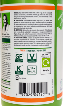 Tył zielono-pomarańczowej butelki płynu Breath Co, z certyfikatami: wegański, bezglutenowy, koszerny, halal i kodem kreskowym.