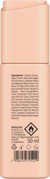 Tył brzoskwiniowej butelki zapachu do włosów Silky Nude 50ml, ze składnikami, kodem kreskowym i ikoną ognia.