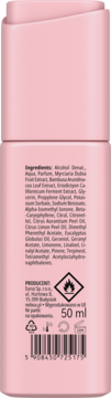 Różowy zapach do włosów Sensual Essence 50ml, tył butelki ze składnikami i ikonami ostrzegawczymi.
