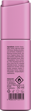 Tył różowej butelki perfum do włosów Neboa Sensual Essence 50ml, ze składem, symbolem łatwopalności i kodem kreskowym.