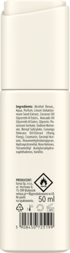 Tył beżowego sprayu do włosów Cotton Cloud 50 ml ze składem, kodem EAN i symbolem łatwopalności.