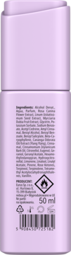 Lawendowy flakonik roll-on Pure Bloom 50 ml, tył z listą składników, ostrzeżeniami i kodem kreskowym.