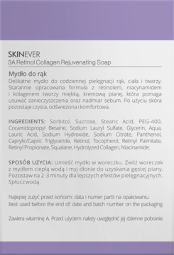 Tył opakowania mydła SKINEVER 3A Retinol Collagen Rejuvenating Soap, szczegółowy skład i polski opis.