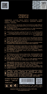 Tył czarnego opakowania perfum French Avenue Extrait de Parfum 100ml ze składem, ostrzeżeniami i kodem.
