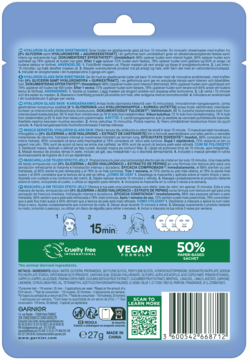 Tył opakowania maski żelowej Garnier z kwasem hialuronowym i ogórkiem. Ikony cruelty-free, vegan.