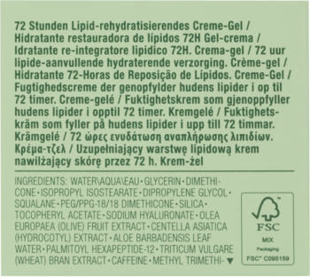 Tył zielonego opakowania Clinique Moisture Surge Intense 72H krem-żel, z listą składników i logo FSC MIX.