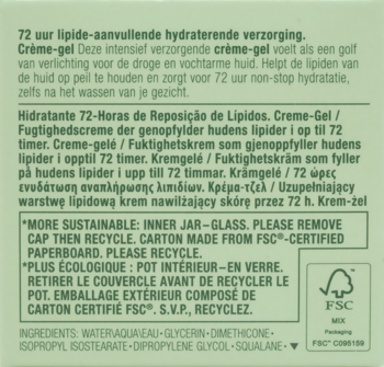 Tył opakowania krem-żelu nawilżającego 72h. Zielone tło z opisem produktu i informacją o ekologicznym opakowaniu FSC.