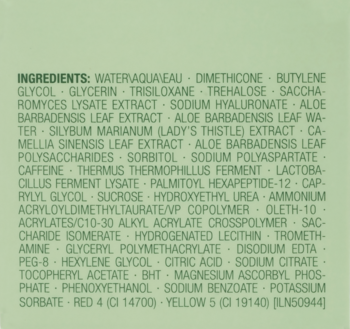 Szczegółowa lista składników kosmetyku na jasnozielonym tle, widok tyłu opakowania. Skład: woda, dimetikon, gliceryna.