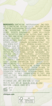 Tył opakowania kosmetyku Clinique z pełną listą składników i informacjami o firmie, biały tekst na tle liści.