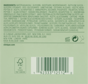 Tył jasnozielonego opakowania Clinique ze szczegółową listą składników INCI, informacjami prawnymi i kodem kreskowym.