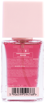 Tył perfumowanej mgiełki Mix Match Shimmer 50ml, różowe opakowanie z kodem kreskowym i listą składników.