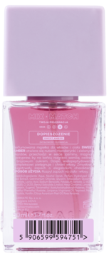 Tył szklanej butelki różowej mgiełki perfumowanej MIX.MATCH SWEET AMBER z białą etykietą, tekstem i kodem kreskowym.